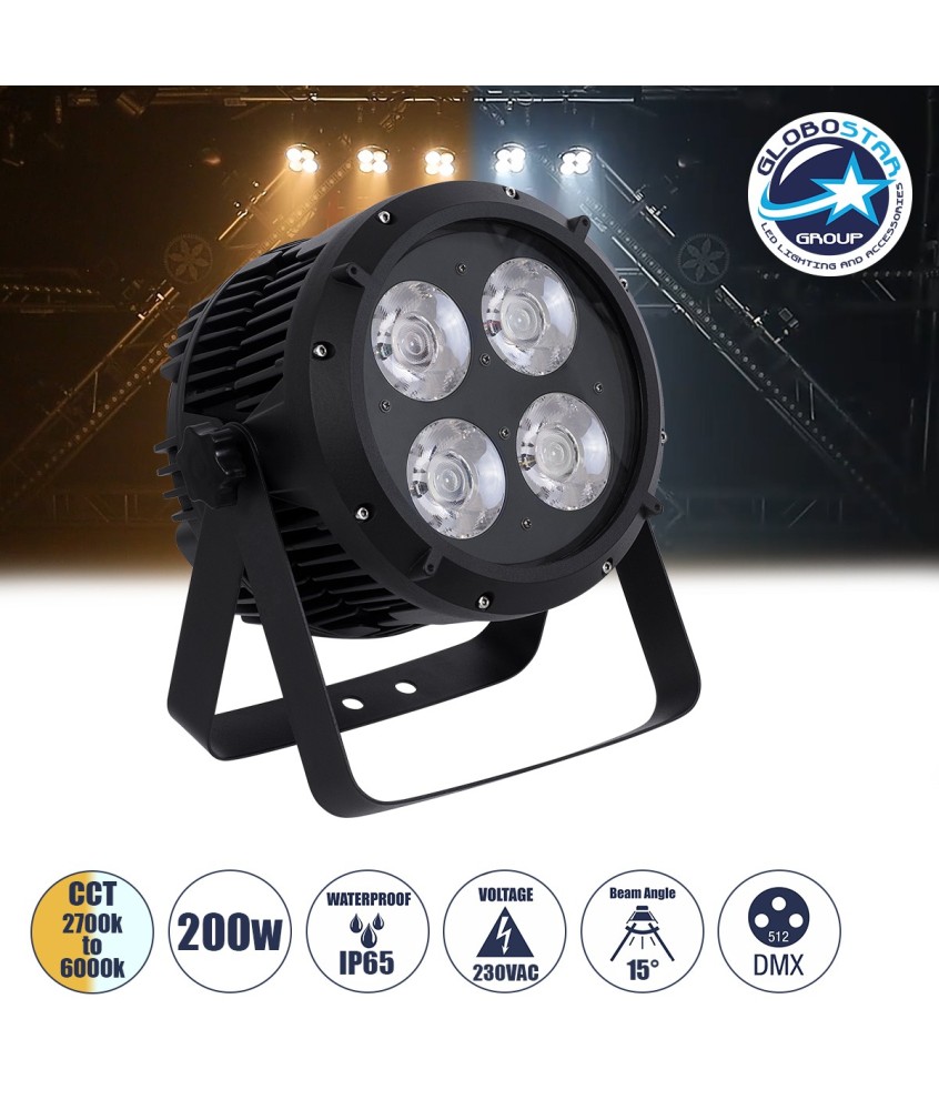 GloboStar® 51119 TYPHON Επαγγελματική Κεφαλή PAR DMX512 200W AC 220V-240V - SPOT - 15° OSRAM LED Αδιάβροχη IP65 - CCT Θερμό Λευκό 2700K - Φυσικό Λευκό 4500K - Ψυχρό Λευκό 6000K - Μαύρο - L23.2 x W22 x H33cm